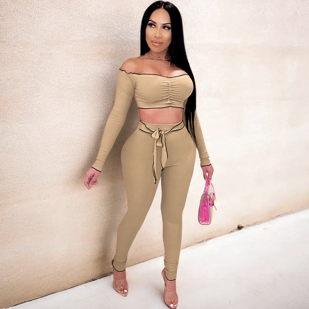 Long Sleeve Off Shoulder Ribbed Crop Top Long Slim Fit Pants