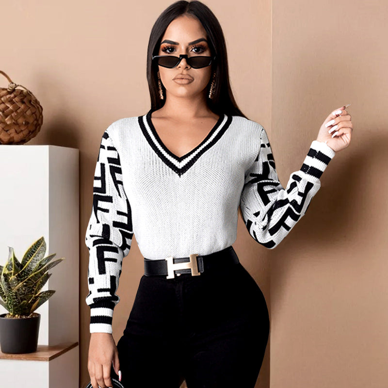 Long Sleeve F Letter Knitted Casual Sweater