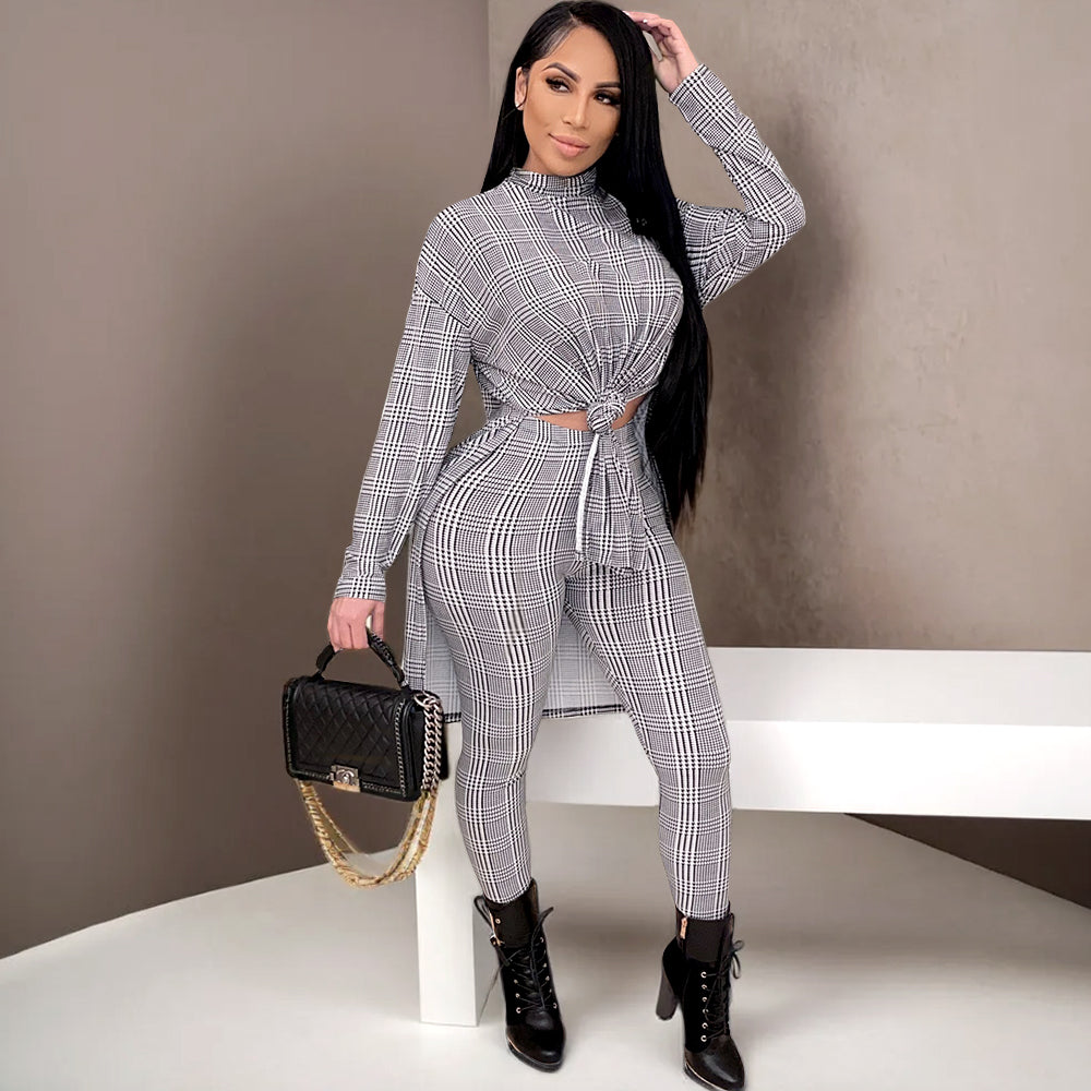 Turtle Neck Houndstooth Print Fashion Top Long Pants Suit