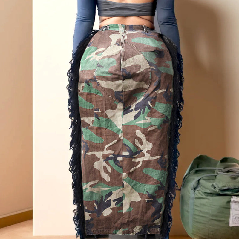 Camouflage Washed Tassel High Silt Long Skirt