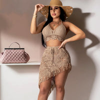 Hand Knitted Laced Bikini Tassel Mini Skirt Suit