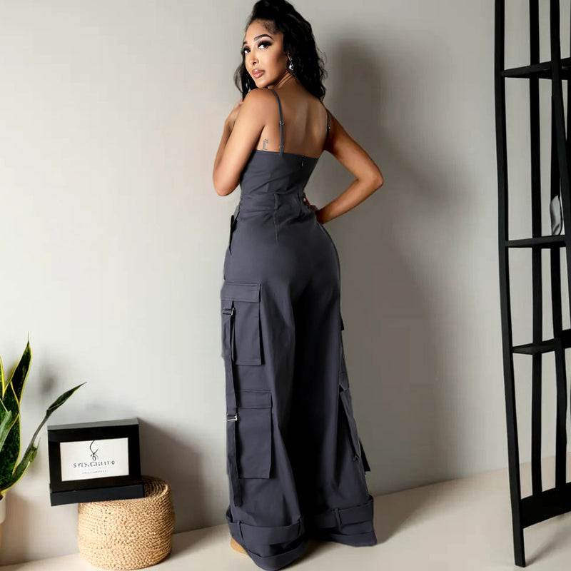 Sexy Sleeveless Multi Pockets Wide Leg Jumpsuit