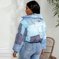 Denim Print Long Sleeve Padded Bubble Jacket