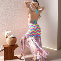 Crocheted Wave Pattern Tassel Beach Cover Up Skirt Suit