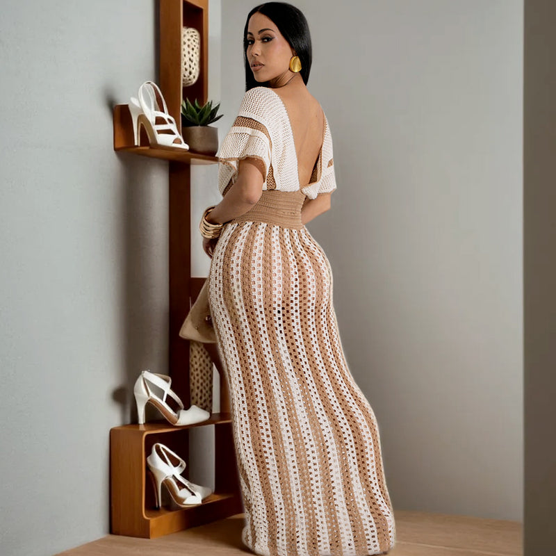 Short Sleeve Deep V Neck Stripe Knitted Maxi Skirt Suit