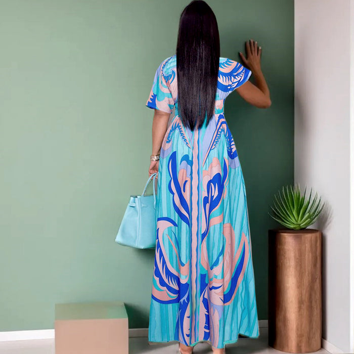 Butterfly Short Sleeve Print Big Swing Maxi Dress