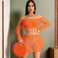 Long Sleeve Strap Beach Knitted Top Mini Skirt Suit