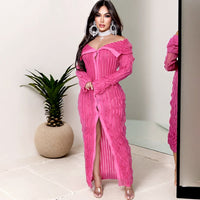 Long Sleeve One Line Lapel Wave Pattern Maxi Dress