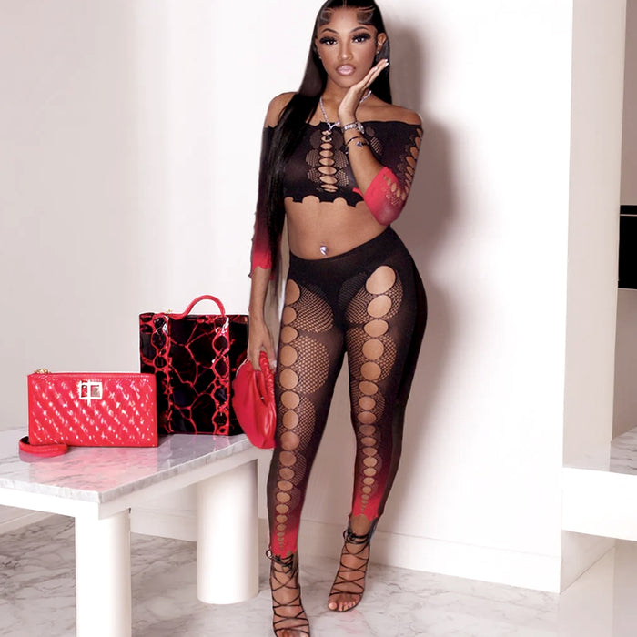 Half Sleeve Cutting Holes Mesh Pants Suit