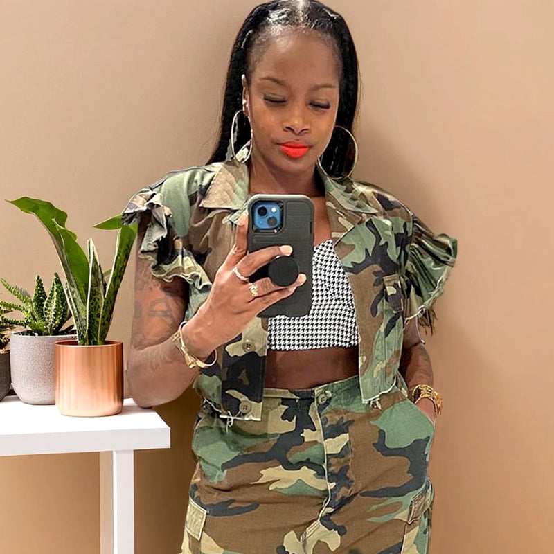 Short Sleeve Camouflage Cut Out Crop Jacket