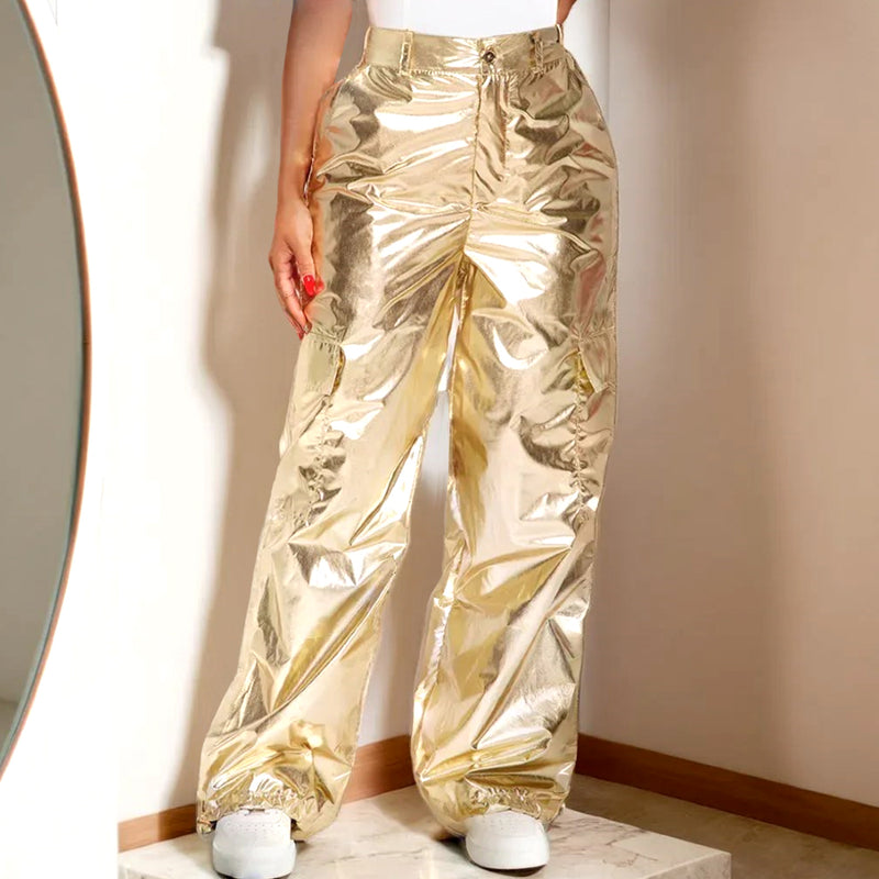 Metallic Luster Straight Leg Casual Long Pants