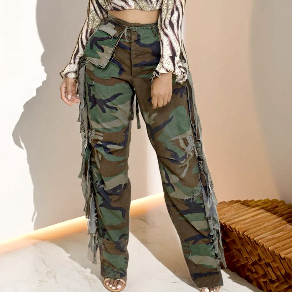 Camouflage Side Tassel Pocket Casual Long Pants