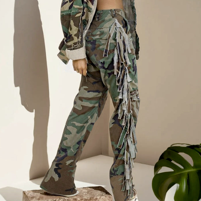 Camouflage Side Tassel Pocket Casual Long Pants