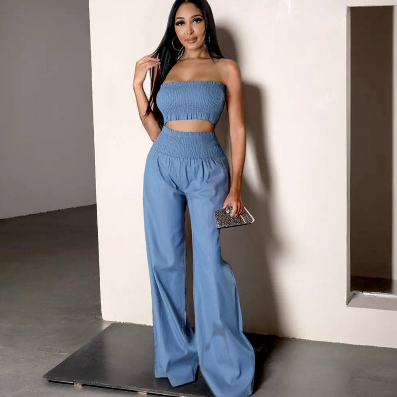 Casual Tube Top High Waist Loose Fit Pants Suit