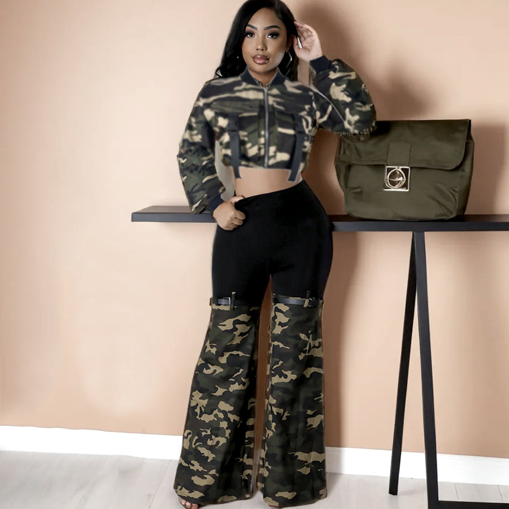 Long Sleeve Crop Bomber Jacket Pants Suit