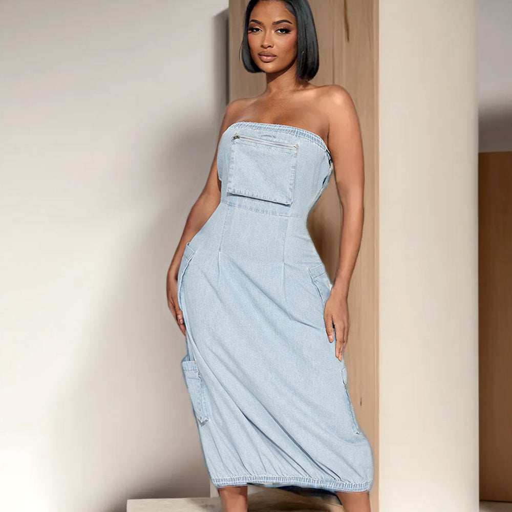 Front Kangaroo Pocket Washed Denim Maxi Dress