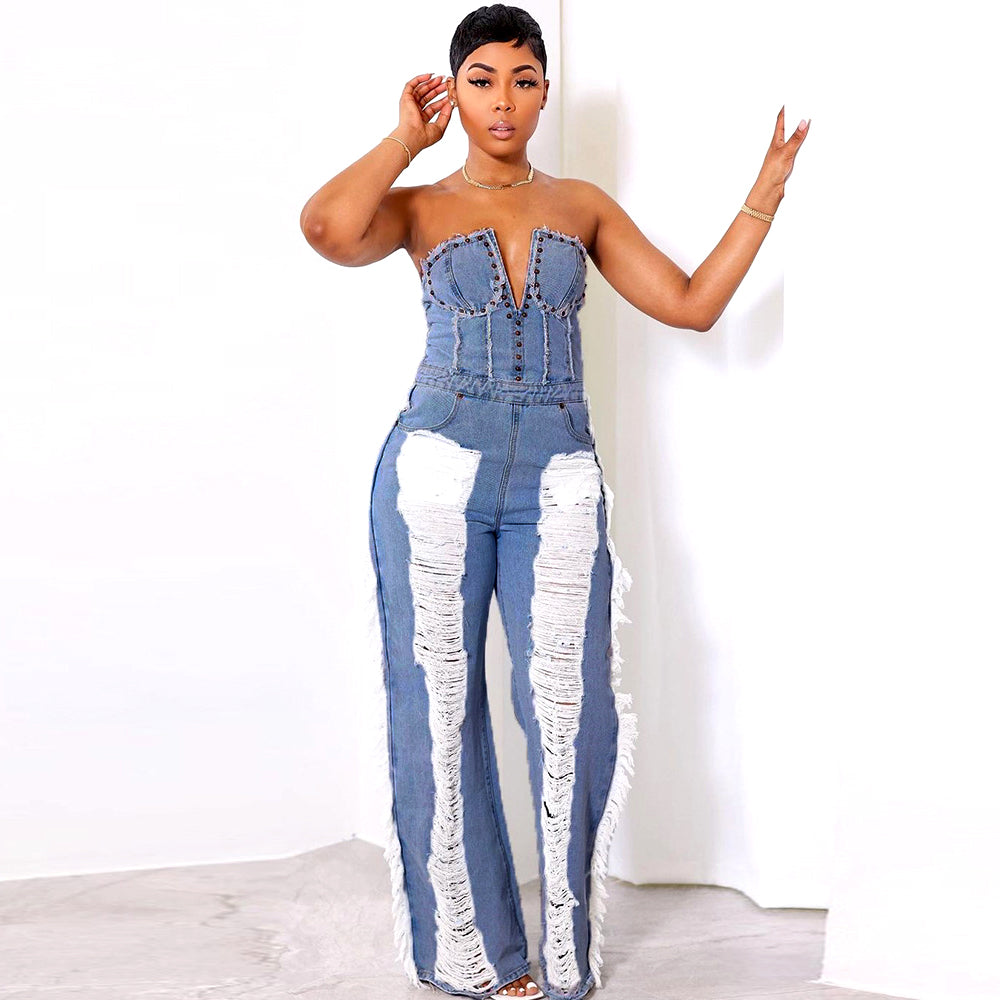 Chest Wrap Trendy Hole Tassel Nail Casual Jumpsuit