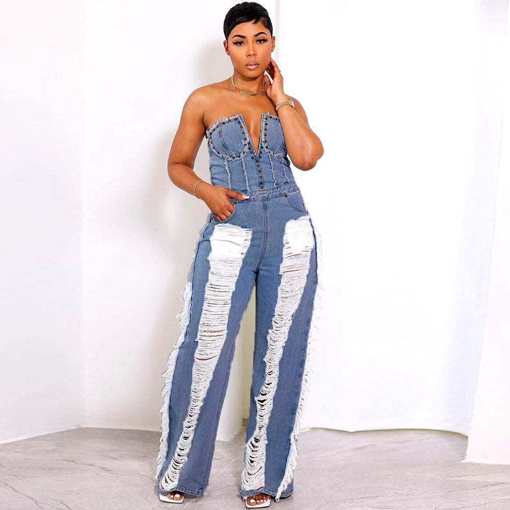 Chest Wrap Trendy Hole Tassel Nail Casual Jumpsuit