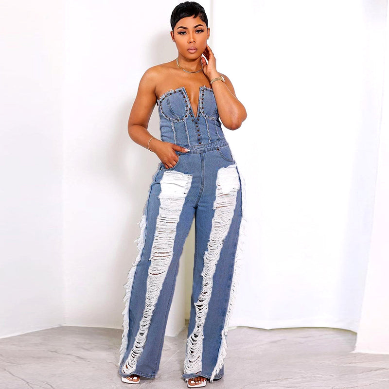 Chest Wrap Trendy Hole Tassel Nail Casual Jumpsuit