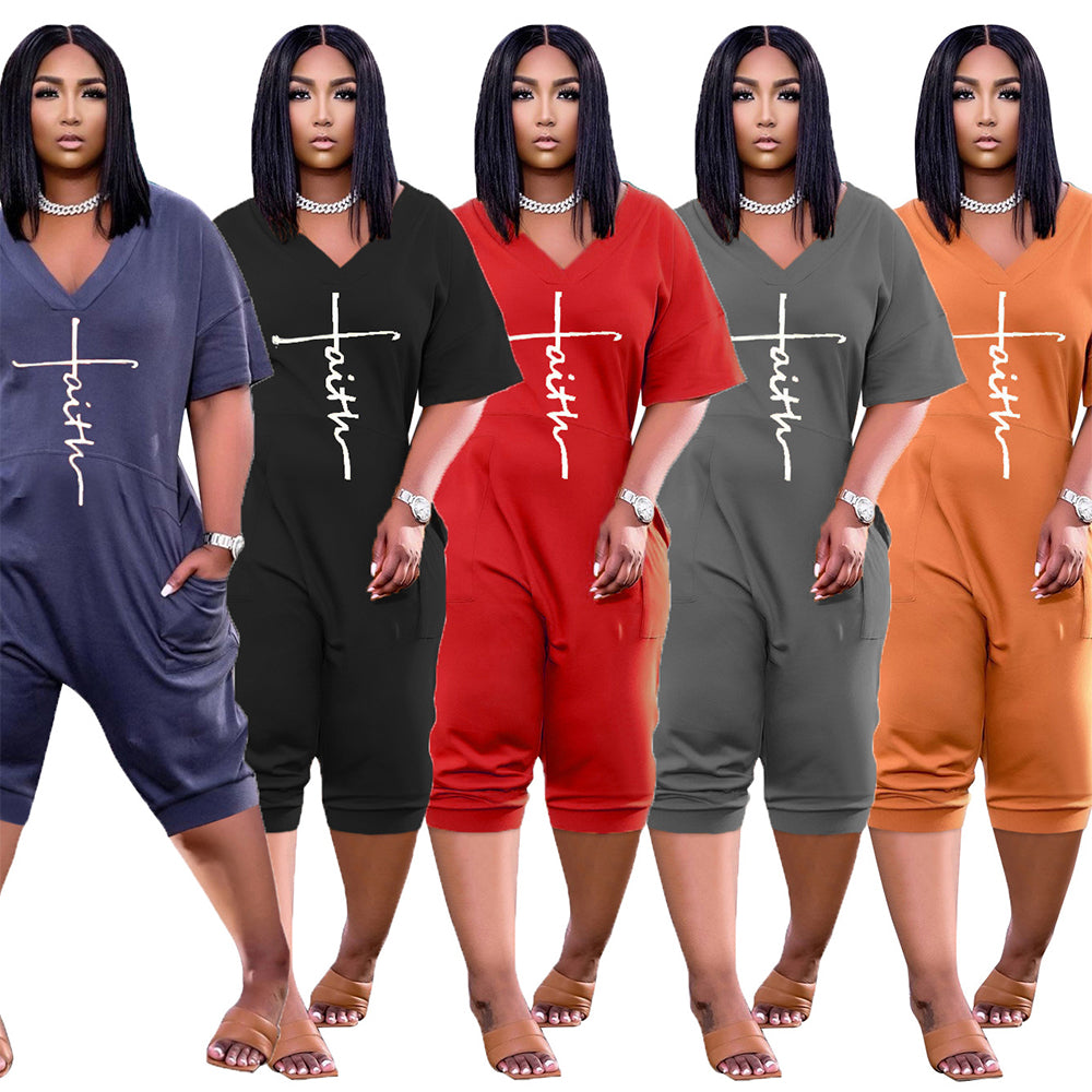 Women's Short Sleeve Lettering Over Fit Casual Jumpsuit