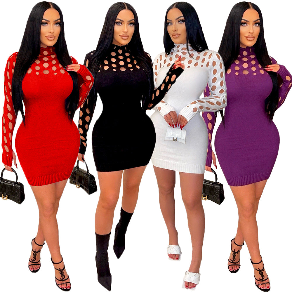 Long Sleeve Knitted Hollow Bodycon Midi Dress