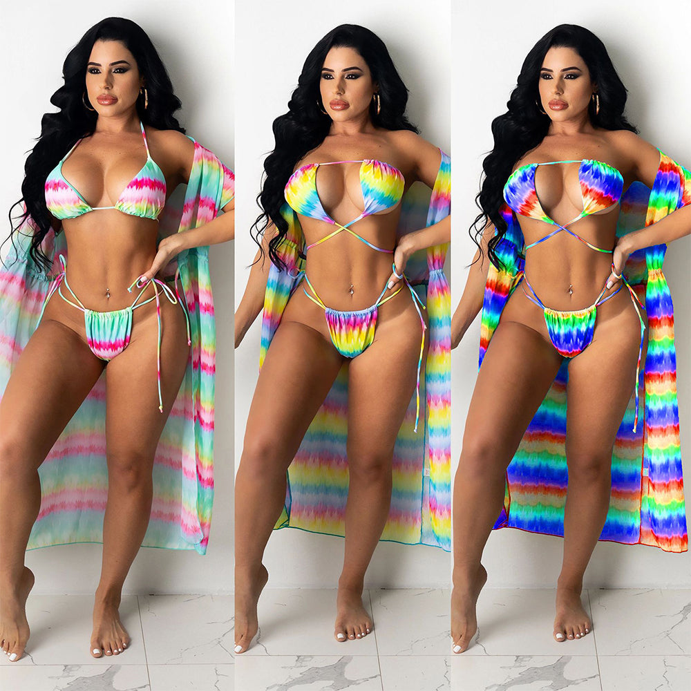 Sexy Printed Cape Bikini Split Swimsuit 3 Piece Set