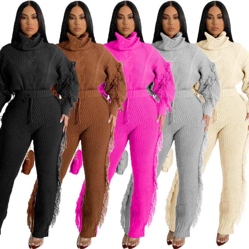 Long Sleeve Knitted High Collar Tassel Pants Suit