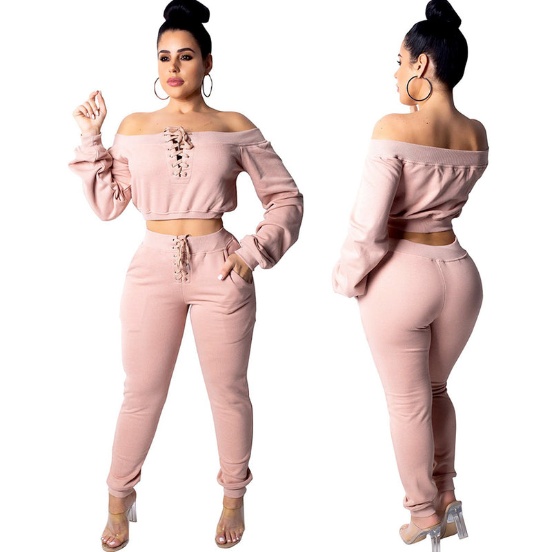 Off Shoulder Eyelet Tied Work Out Casual Pants Suit