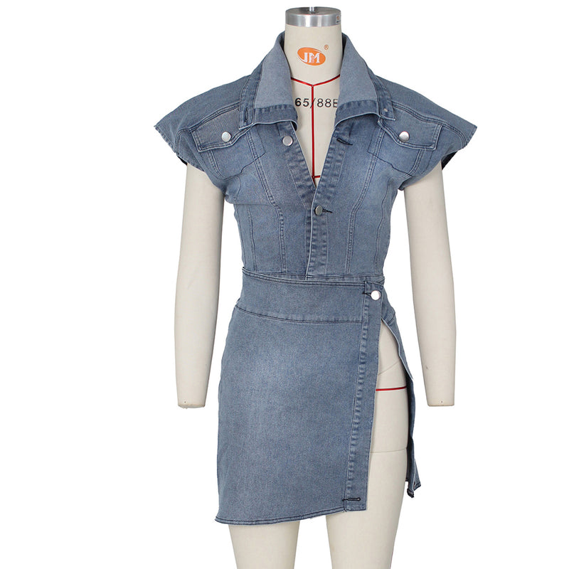 Street Retro High Slit Denim Skirt Suit