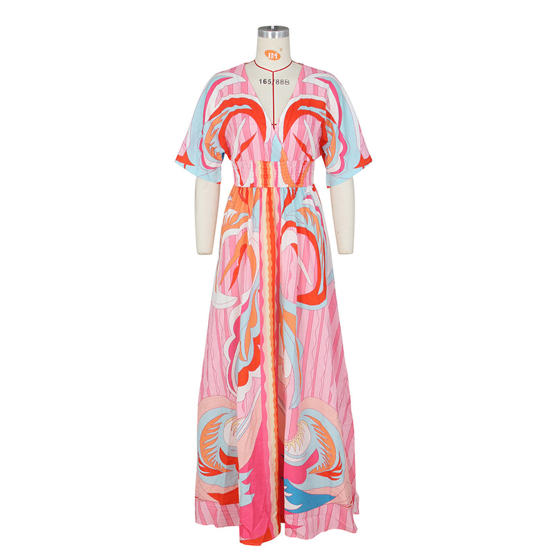 Butterfly Short Sleeve Print Big Swing Maxi Dress