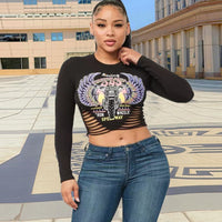 Motorcycle Printed Long Sleeve Crop Top