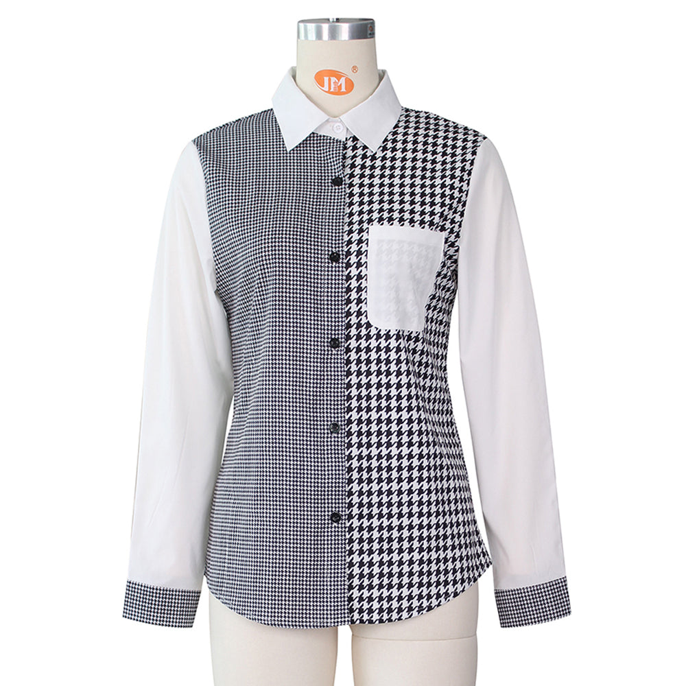 Long Sleeve Stitching Contrast Two Type Plaid Shirt