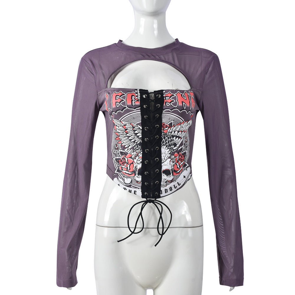 Retro Printed Corset Long Sleeve Casual Top