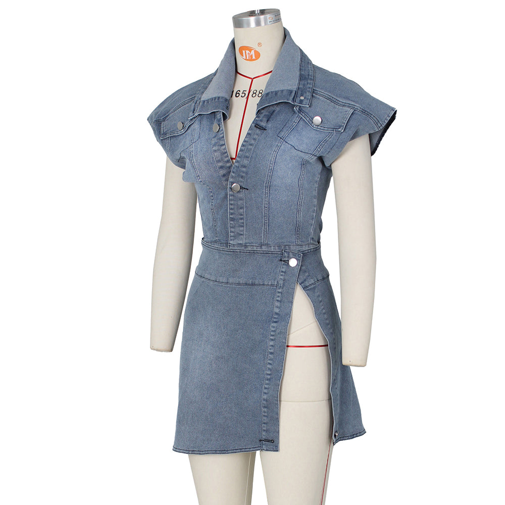 Street Retro High Slit Denim Skirt Suit