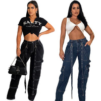 sling Loose Fit Buckled Tied Hip Hop Casual Denim Pants