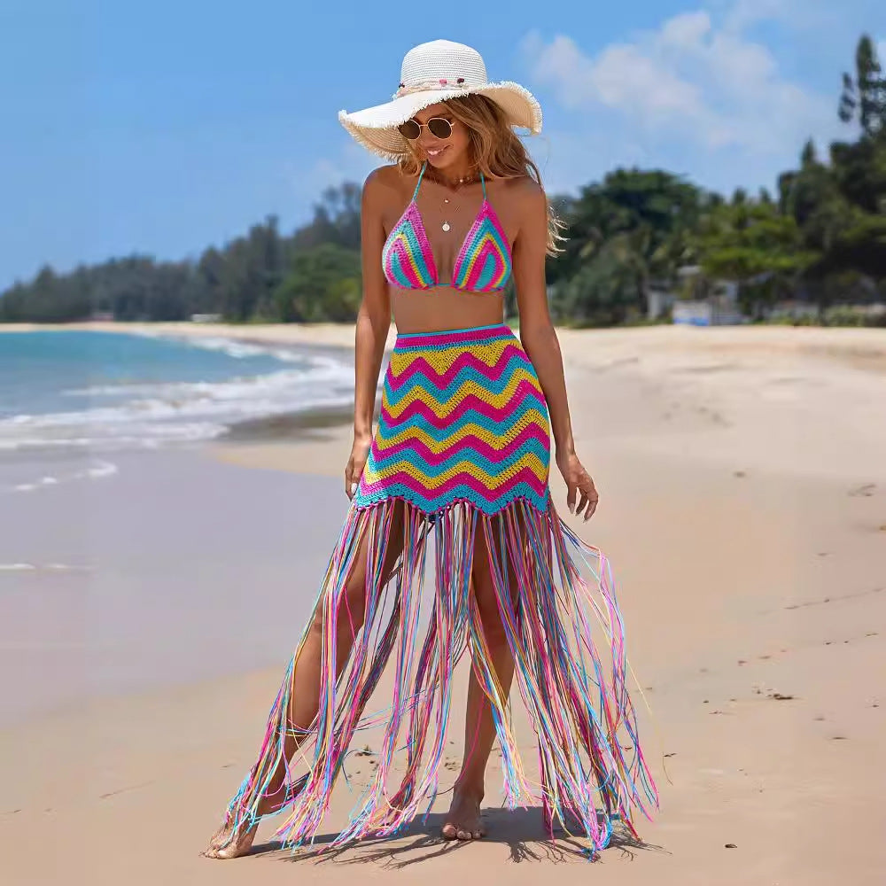 Crocheted Wave Pattern Tassel Beach Cover Up Skirt Suit