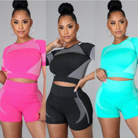 Mesh Pointed Short Sleeve Work Out Shorts Suit