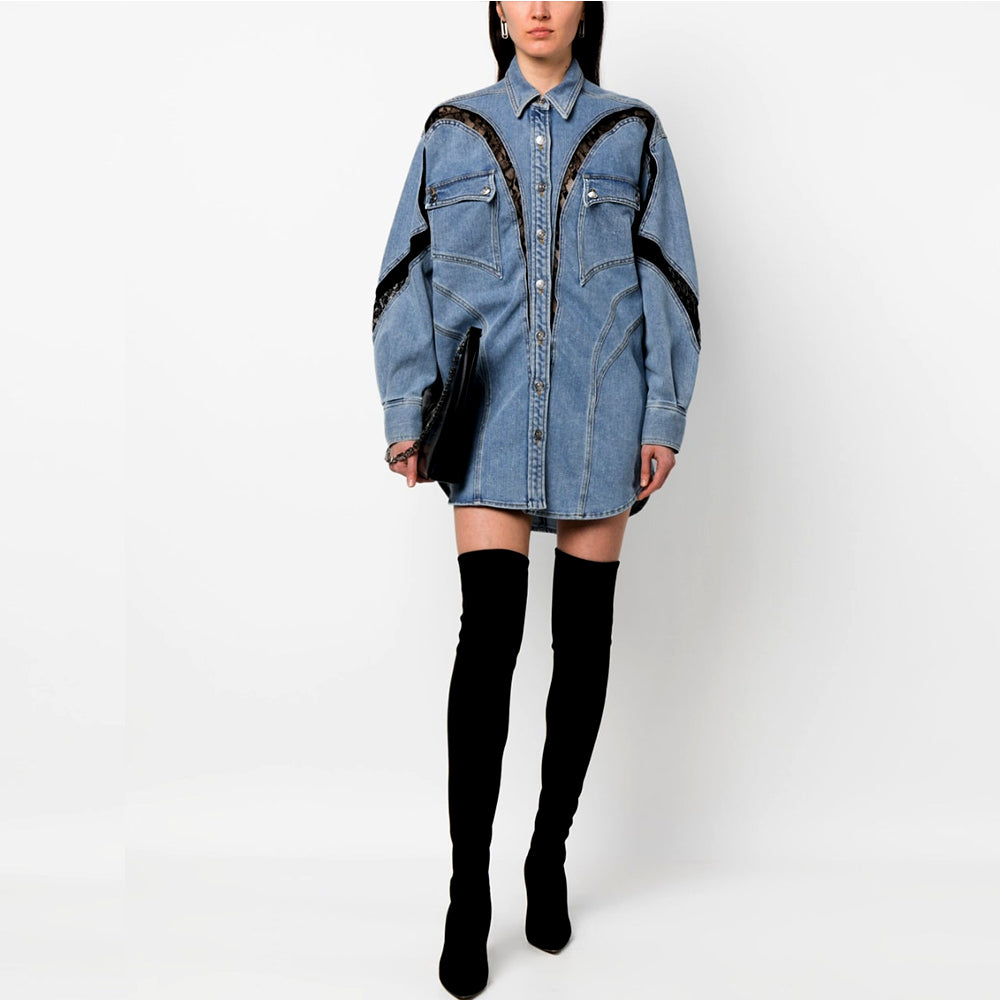 Long Sleeve Splicing Denim Shirt Long Jacket