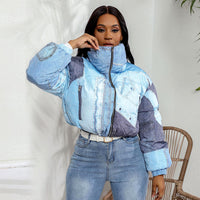 Denim Print Long Sleeve Padded Bubble Jacket