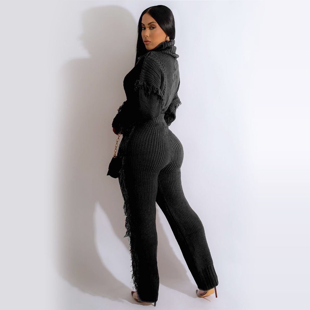 Long Sleeve Knitted High Collar Tassel Pants Suit