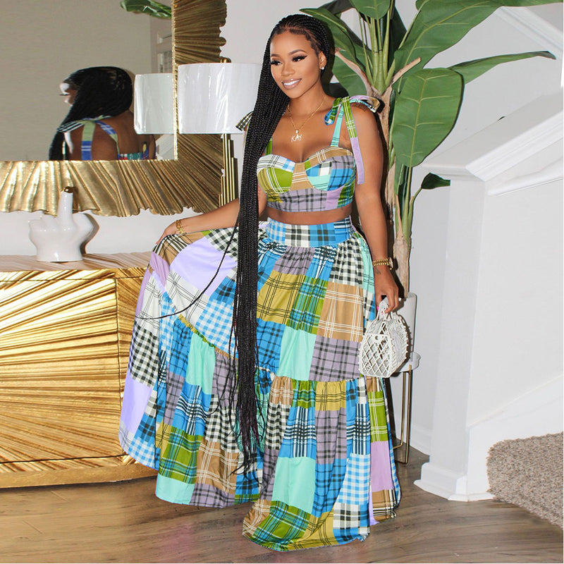 Sleeveless Bra Top Plaid Printed Swing Skirt Suit