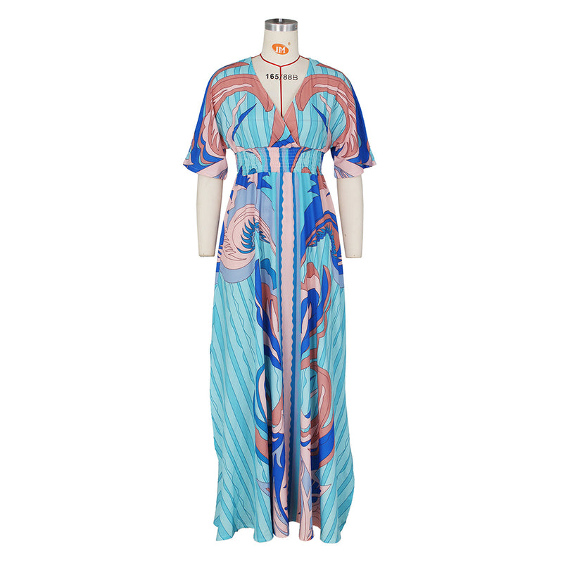 Butterfly Short Sleeve Print Big Swing Maxi Dress