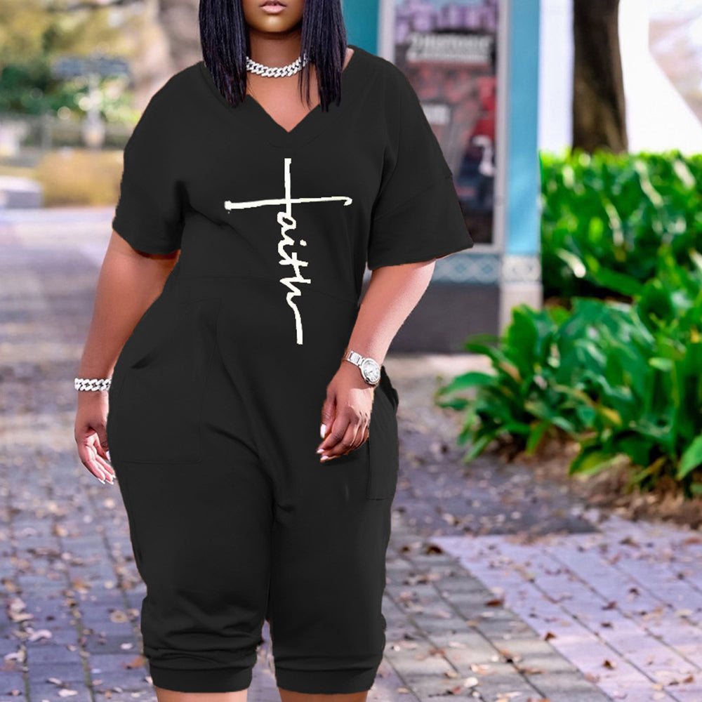 Women's Short Sleeve Lettering Over Fit Casual Jumpsuit