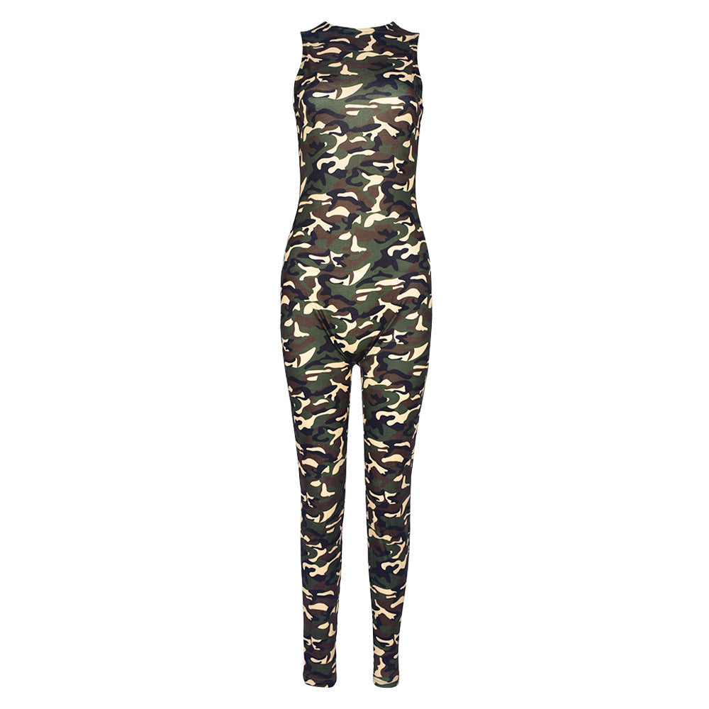 Military Printed Sleeveless Slim Fit Jumpsuit