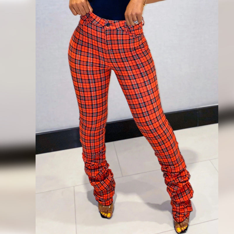 Plaid Pattern Hip Lifting Slim Fit Casual Pants