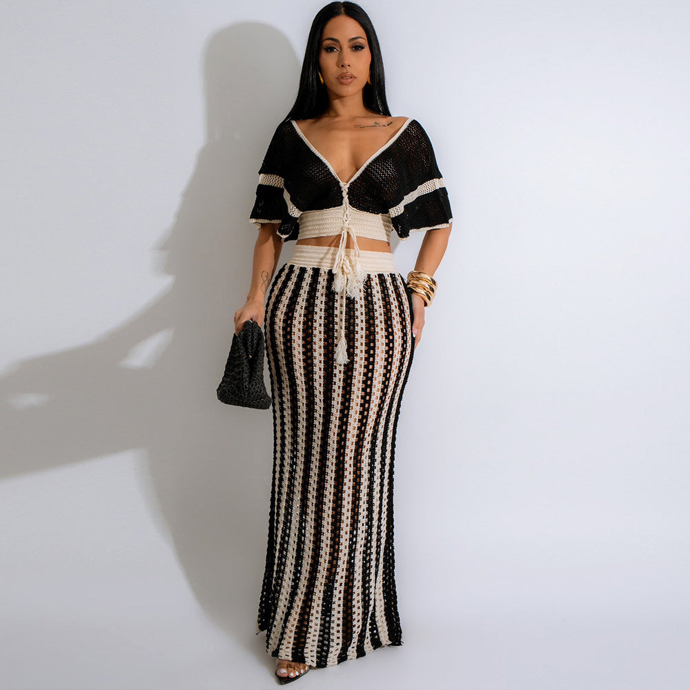 Short Sleeve Deep V Neck Stripe Knitted Maxi Skirt Suit