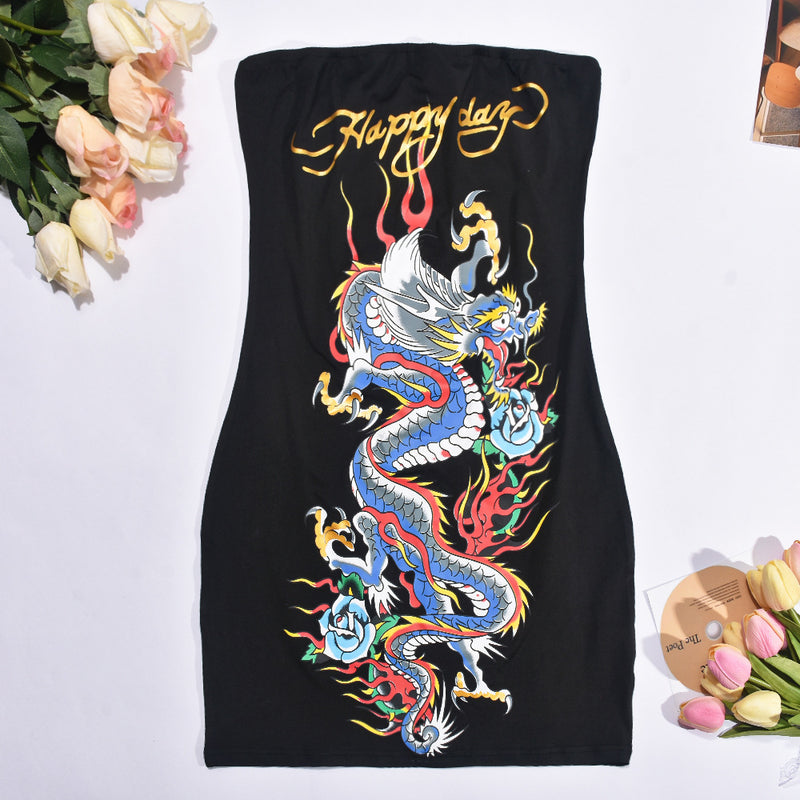 Off Shoulder Backless Dragon Printed Tube Dress