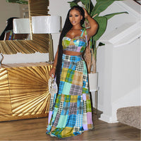 Sleeveless Bra Top Plaid Printed Swing Skirt Suit