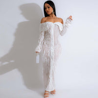 Long Sleeve One Line Lapel Wave Pattern Maxi Dress