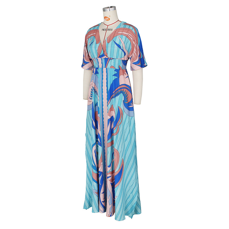 Butterfly Short Sleeve Print Big Swing Maxi Dress